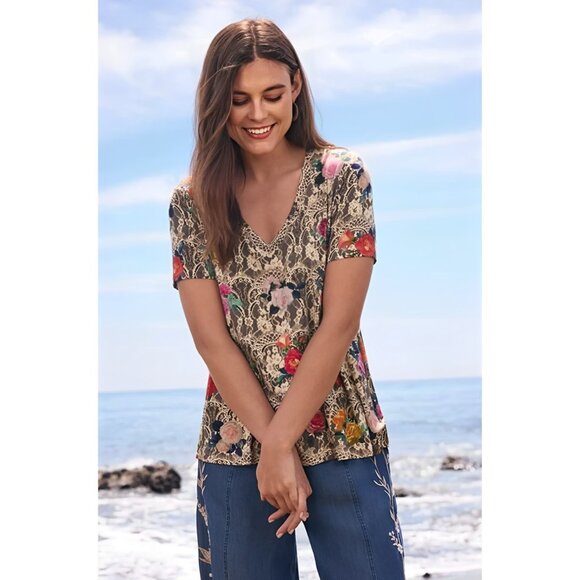 Johnny Was Rose Lace Favorite Short V Swing Tee Floral Top Shirt Gray Pink NEW - Picture 1 of 7